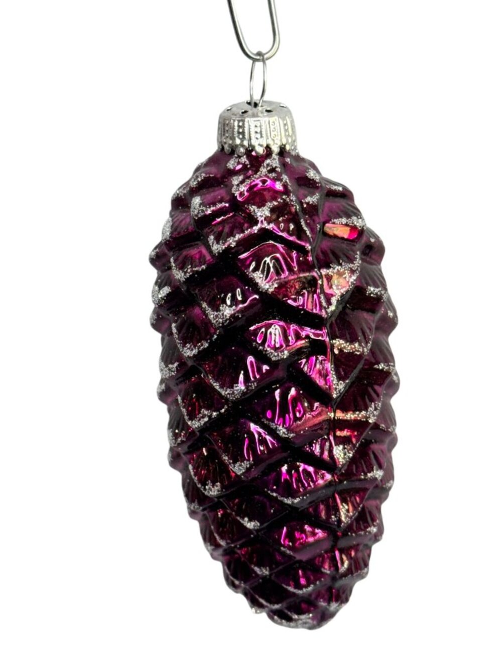 Vintage German Amethyst Pinecone Glass Christmas Ornament Silver Glitter 4" - Picture 2 of 6